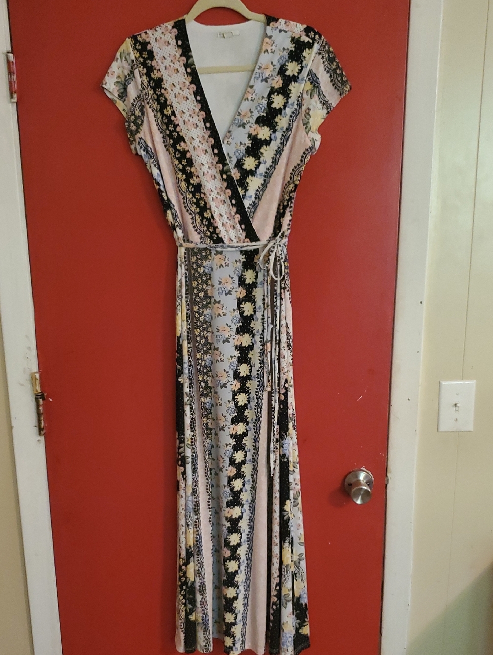 Floral  Stripe Patchwork Wrap Maxi Dress in Pink Black Yellow and Blue Sz M